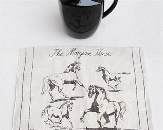 $10 Upper: Black ceramic squarish pitcher.  W: 9" | H: 7.5" | D: 6"
$10 Lower: Beige linen tea towel w/ dark gray horse drawings, "The Morgan Horse".  L: 29.5" | W: 16.5".  AS IS: slightly stained [Bin 40] 