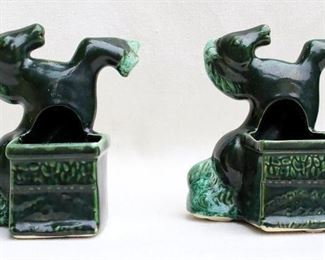 $45 pair Ceramic horse planter, dark green rearing horse.  W: 6" | H: 6.5" | D: 4" - 2 available  [Bin 41]