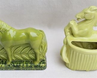 $40 each Left: Green ceramic horse planter.  L: 8" |  | H: 9.5" | D: 4.5" 
Right: Yellow ceramic horse planter.  L: 10" |  | H: 10" | D: 6" [Bin 41] 