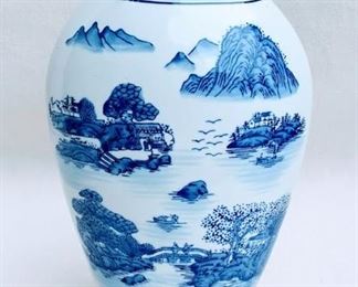 $45 Vase, blue & white ceramic, landscape scenes. 
Formalities by Baum Bros, made in China.  W: 5" | H: 14" | D: 4.5" [Bin 38] 