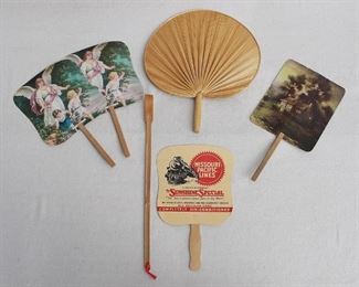 LOT $25 Set of 4 Vintage paper fans w/ pictures and/or advertisements.  L: 13" | W: 7.5" 
Top center: Vintage palm fan.  L: 14" | W: 12" 
Left center: Bamboo back scratcher.  L: 17" | W: 1" [Bin 38]