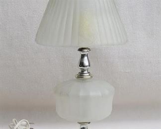 $45 Vintage frosted glass boudoir lamp, matching glass shade.  H: 17" | diameter: 7" [Furniture]