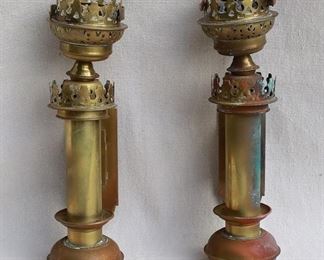 $40 Set of 2 brass oil lamps to hang on the wall, glass shades missing.  W: 2.5" | H: 10.5" | D: 4" [Bin 38] 