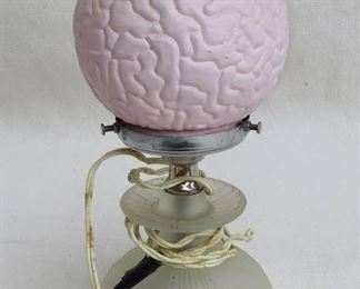 $60 Boudoir lamp, frosted pressed glass base, pink spherical "brain" globe, silver mounts.  H: 11" |  | diameter: 5" [Furniture] 