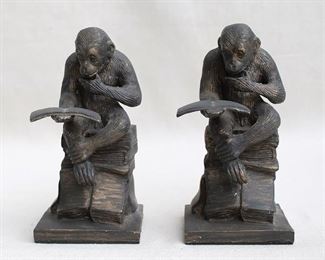 $40 - Set of 2 bookends, dark cast metal, reading chimpanzees sitting on a stack of books.  L: 4.5" | W: 3.5" | H: 8" [Bin 38]