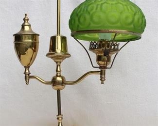 $75 Brass-finish lamp w/ green pressed glass shade, Argand lamp style, knob switch at base of bulb.  W: 14" | H: 25" |  | Shade diameter: 8.5" [Furniture]