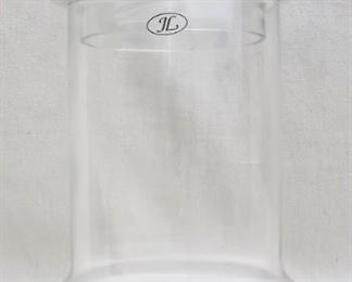 $25 Clear glass footed jar w/ lid, marked "JL".  H: 6.5" | diameter: 7" [Props]