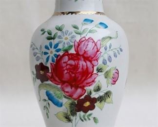 $25 White ceramic vase w/ hand-painted flowers & gold trim, made in China.  H: 8" |  | diameter: 4" [Bin 38] 