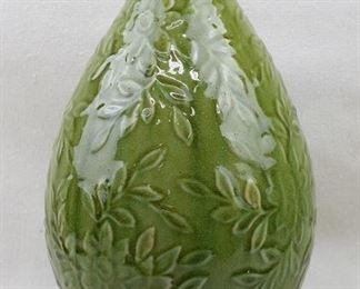 $30 Green ceramic vase, embossed foliage.  H: 14.5" | diameter: 8.5" - 2 available [Props]