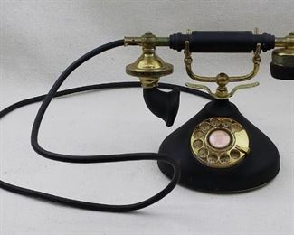 $50 1920's-style desk telephone, gold & black, rotary dial, handset in cradle. RadioShack, made in Korea.  W: 10" | H: 8" | D: 5.5" | cord: 60" [Bin 37] 