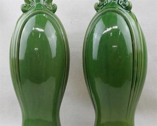 $30 each Set of 2 green ceramic vases w/ small opening on top, Craftsman style.  H: 18.5" | diameter: 7.5" [Props]