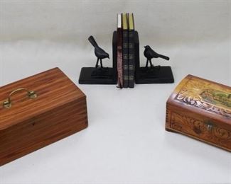 $30 each item Left: Wooden box w/ dovetailed corners, hinged lid w/ brass handle, compartments inside.  L: 13" | W: 7" | H: 5"
Right: Wooden jewelry casket, dovetailed corners, hinged lid w/ picture and w/ mirror inside.  L: 11.5" | W: 6.5" | H: 4.5"
Ledgers, nice bindings, unused.  L: 8.5" | W: 6" | D: 0.5" 
Set of 2  bird bookends SOLD .  L: 5" | W: 4" | H: 6" [Bin 35] 