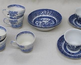 LOT $40 Left: Set of 5 vintage blue & white china tea cups, no saucers |  "Silverdale" by Swinnertons of Staffordshire 
Center: Set of 2 Blue Willow ceramic cereal bowls.  diameter: 6.5"
Right: Set of 2 Blue Willow ceramic tea cups w/ saucers [Bin 34] 
