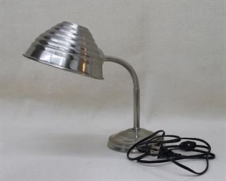 $30 Goose neck lamp, silver metal, on/off switch on cord.  W: 5" | H: 17" | lamp shade diameter: 6" [Bin 31] 