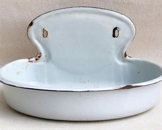 $20 - Vintage wall basin, white enameled metal, 2 holes for hanging, goes with hanging water reservoir w/ spigot.  W: 13.5" | H: 7" | D: 10" [Bin 29] 