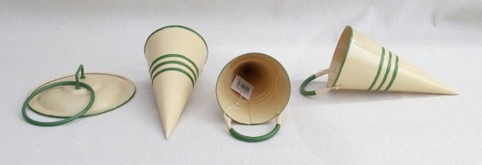 $25 Lot:  Enamelware towel ring, cream/green, wall mounted on "pan lid" (W: 6" | H: 6" | ring diameter: 4") and 3 Enamelware cones, cream/green, green handles (L: 8.5" | diameter: 3.5").  All new, made in China. [Bin 30] 