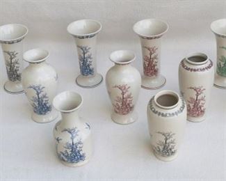 $30 each - Total of 11 vases, 4 shapes, ceramic, all transfer-printed in gray, red, blue, or green on cream background w/ same design of rooster, flying bird, foliage, in box, made in China.  H: 7" | diameter: 3.5" [Box 27]