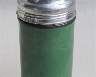 $40 Vintage Thermos, green body, silver-toned cup screws on top.  H: 8.5" | diameter: 3" [Bin 29] 