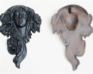 $60 each - Black cast metal wall plaques, female heads in Art Nouveau style, hanger on backs.  W: 8" | H: 13" | D: 2" - 2 available [Bin 24] 