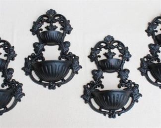 $20 each- Black cast metal wall pockets, ornate surround for 2 half-round basins, hole for hanging.  W: 9" | H: 12" | D: 3.5" - 4 available [Bin 24] 