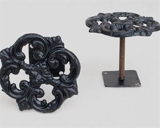 $30 - Set of 2 black cast metal tie backs for drapes, square floral design, 2 holes for hanging.  W: 4" | H: 4" | D: 3.5" [Bin 24] 