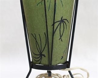 $45 - Vintage tabletop torchière, metal frame w/ 3 feet, oiled green shade with pattern, single small bulb, original wiring.  H: 10" | Shade diameter: 5.5" [Bin 23]