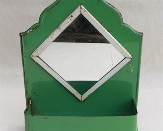 $20 - Vintage wall mirror w/ galleried shelf, green enameled metal, hole for hanging.  W: 8.5" | H: 11.5" | D: 3" | diamond-shaped mirror dimensions:  4.5x4.5" [Bin 22] 