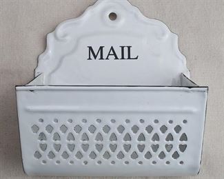 $20 - Reproduction wall hanger labeled "MAIL", white enameled metal, pierced decoration, hole for hanging. Lace Haystack.  W: 8" | H: 9" | D: 4" [Bin 22] 