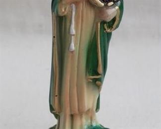 $20 - Saint Cecilia statue w/ lyre, painted plaster.  W: 2.5" | H: 8" | D: 2.5" [Bin 21] 