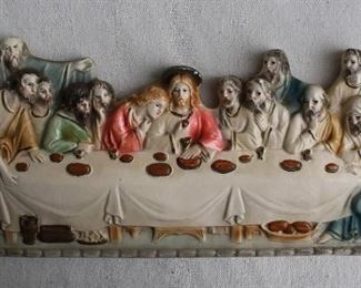 $20 - Painted plaster icon inspired by DaVinci's Last Supper, 2 metal rings for hanging.  W: 12" | H: 6" | D: 1" [Bin 21] 