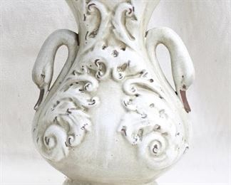 $75 - Grayish glazed ceramic w/ raised acanthus leaf decoration, crackled aged finish, 2 swan neck handles.  W: 10" | H: 15.5" | D: 7.5" [Vase]