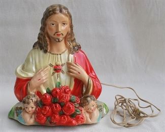 $20 - Vintage Sacred Heart bust, painted plaster, dated 1946, electrified for Xmas tree bulb, 6' electric cord.  W: 9.5" | H: 10.5" | D: 5.5" [Bin 21] 