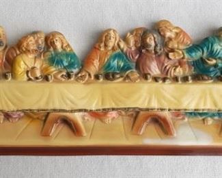 $40 - Large plaque: painted plaster icon inspired by DaVinci's Last Supper, picture wire hanger.  W: 24" | H: 8" | D: 1.5" [Bin 21?] 