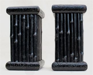 $20 - Set of 2 pedestals, black-finished resin, bamboo motif.  W: 5" | H: 9" | D: 5" [Bin 20] 