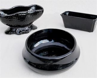 $40 - LOT- Planter shaped like a footed box, black-glazed ceramic.  L: 8.5" | W: 5" | H: 4.5" 
- Planter shaped like an open box, black-glazed ceramic.  L: 7" | W: 3" | H: 3" 
- Planter shaped like a round bowl.  H: 3.5" | diameter: 8.5" [Bins 19, 20]