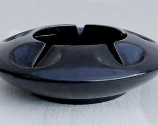 $20 - Mid-century modern black ceramic ashtray, 5 cigarette slots.  H: 2.5" | diameter: 9" [Bin 19] 