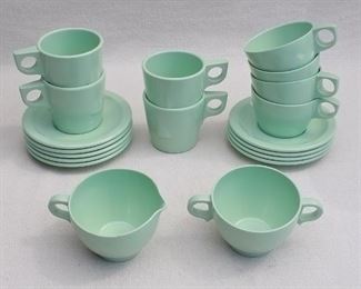 $55 - LOT of sea green melamine plastic dishes, Texas Ware, Dallas TX :  8 saucers (diameter: 5.5"), 4 tea cups (H: 2.5" |  diameter: 3.5"),  4  coffee cups, stackable (H: 3" |  diameter: 3"), 1  sugar bowl (L: 6" | W: 4" | H: 2.5"), 1  creamer (L: 5" | W: 4" | H: 2.5")  [Bin 18] 