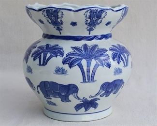 $30 - Ceramic vase, spittoon-shaped, white w/ blue elephants and palm trees.  H: 8.5" | top diameter: 7.5" [Bin 16] 