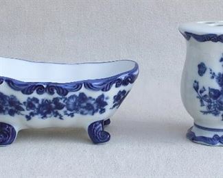 $20 - Blue & white ceramic soap dish shaped like footed bathtub.  SOLD   L: 7.5" | W: 4" | H: 3"
$20 - Blue & white ceramic toothbrush holder. New in box.   H: 5" | diameter: 3.5" [Bin 17] AVAILABLE 