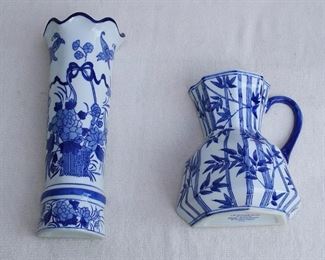 $20 each - Left: wall vase shaped like a cylinder, Blue Bamboo collection, J.A. Designs, brand new.  H: 12"| W: 5"| D: 3".    Right: wall vase shaped like a pitcher, Blue Bamboo collection, J.A. Designs, brand new.  W: 8" | H: 8" | D: 4" [Bin 16] 