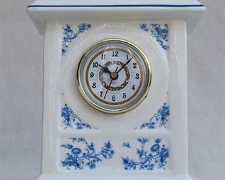 $40 - Ceramic carriage clock, white w/ "blue toile" design, Our America , new in box.  W: 6" | H: 8.5" | D: 3.5" [Bin 17] 