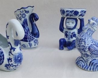 - Blue & white Chinese ceramic vase shaped like a monkey, brand new.  W: 5.5" | H: 8.5" | D: 5" 
- Blue & white Chinese ceramic vase shaped like a peacock, brand new.  W: 5.5" | H: 8.5" | D: 3.5" [Bin 16]
-Blue & white Chinese ceramic vase shaped like a swan, Blue Scroll collection, La Dolce Vita, brand new.   L: 10" | H: 8" | D: 5.5" 
- Blue & white Chinese ceramic mantel ornament shaped like a chicken, Blue Scroll collection, La Dolce Vita, brand new.  L: 7" | W: 4.5" | H: 8"|  Monkey SOLD, Swan with white neck SOLD 