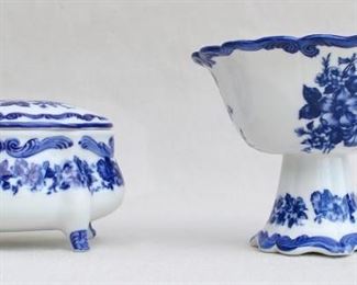 $20  - Left: Blue & white Chinese ceramic box w/ lid, new in box.  W: 6" | H: 4.5" | D: 4.5" 
$20 - Right: Blue & white Chinese ceramic footed bowl, nw in box.  H: 6" | bowl diameter: 7" [Bin 17] 