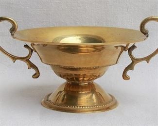 $24 - Round basket w/ handles, smooth flared lacquered brass.  W: 9" | H: 3.5" | bowl diameter: 6.5" [Bin 15] 