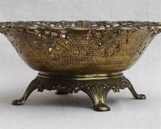 $30  - Pierced round basket, cast brass, 4 feet.  H: 3.5" | diameter: 8.5" [Bin 15] 