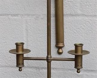 $24 - Brass candlestick w/ wooden carrying handle, cups for 2 candles, hands from brass wall hook.  W: 10.5" | H: 24" | D: 7" [Bin 15] 