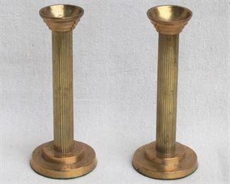 $24 - Pair brass candlesticks w/ felt bottoms.  H: 7" | base diameter: 3" [Bin 15] 