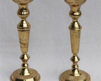 $24- Pair brass candlesticks.  H: 10.5" | base diameter: 4"  [Bin 15] 