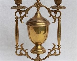 $45- Ornate brass candlestick, central urn, holders for 2 candles.  W: 7.5" | H: 14" | D: 5" [Bin 15] 