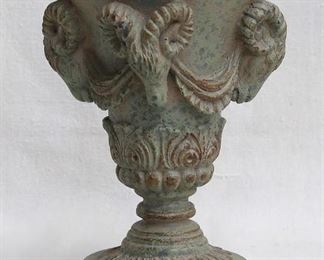 $35 - Decorative vase w/ rams heads, neoclassical, greenish composite material.  Top diameter 5.5" | H: 8" | base diameter: 4" [Bin 14] 